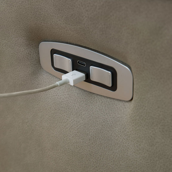 Gray reclining sectional power control panel with USB and charging ports