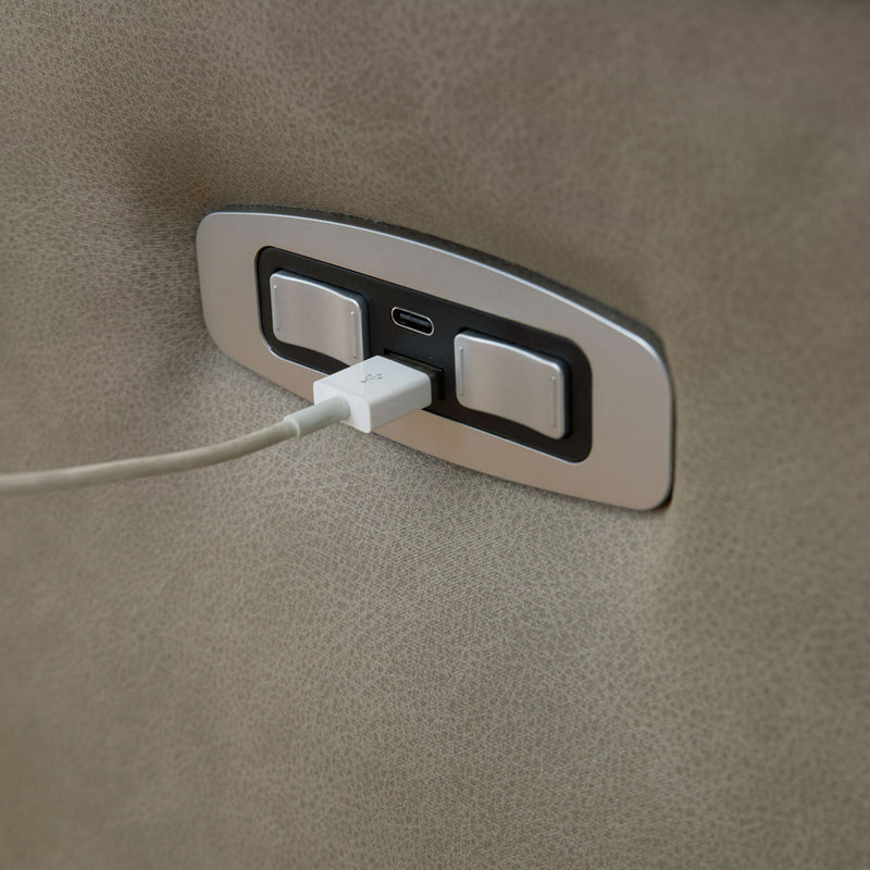 Gray reclining sectional power control panel with USB and charging ports