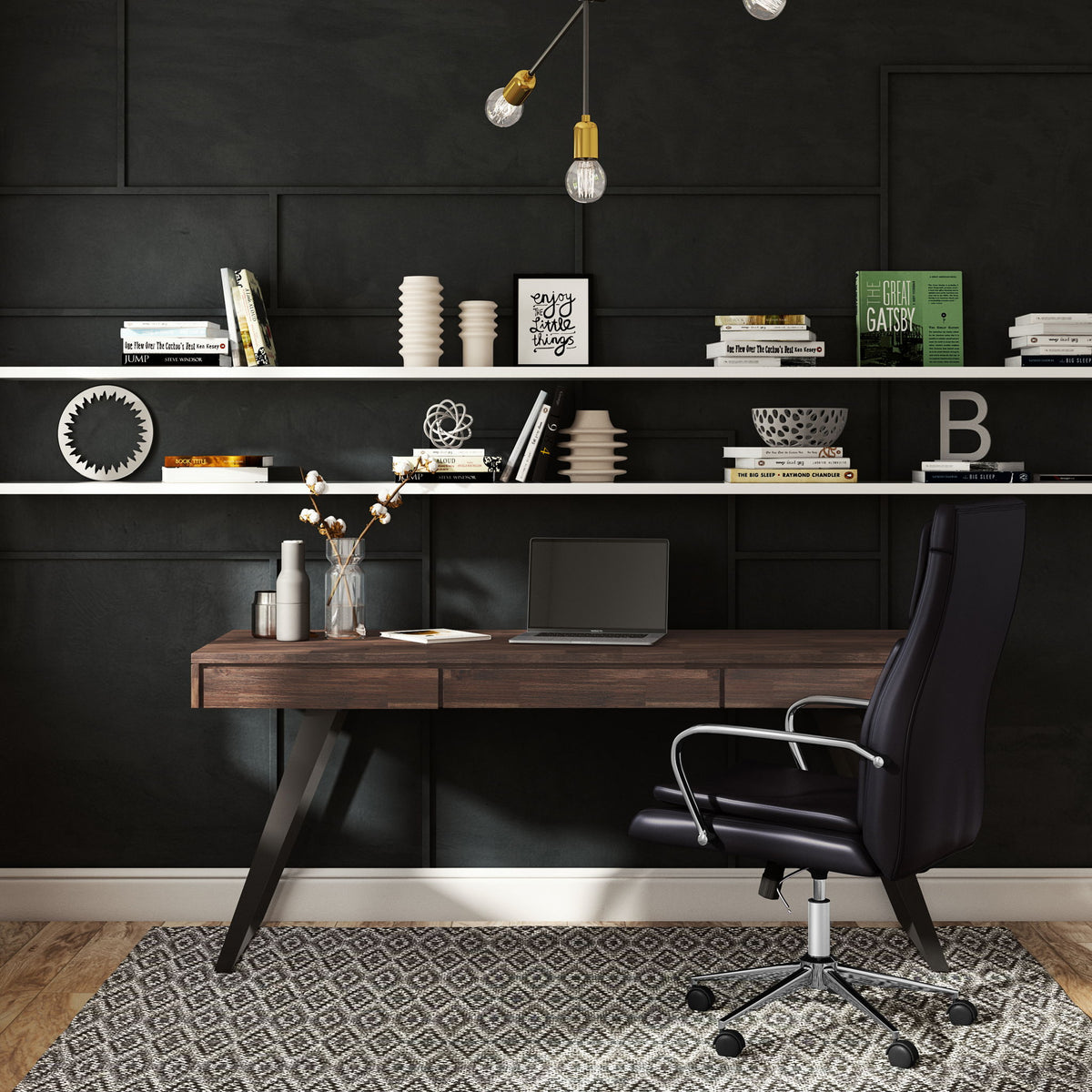 Handcrafted wood desk in dark brown with drawers and black metal legs in an office