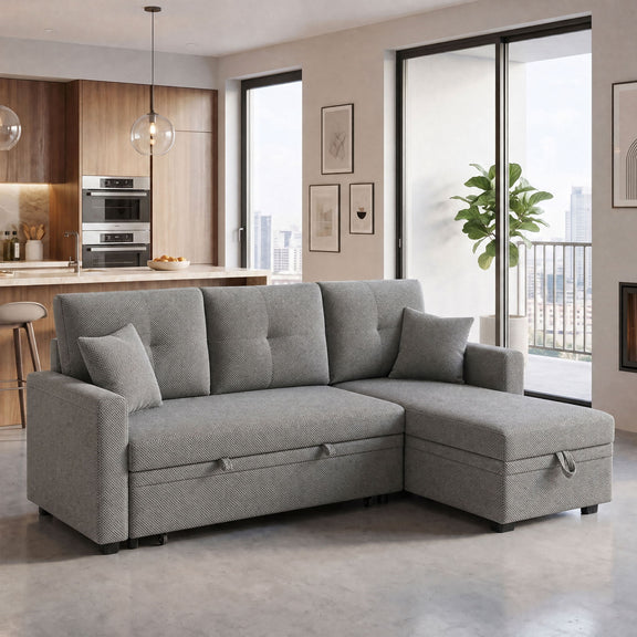 Gray sleeper sectional sofa with reversible chaise and pull-out storage front