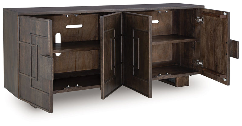 Dark brown accent cabinet with open doors showing interior shelves and compartments