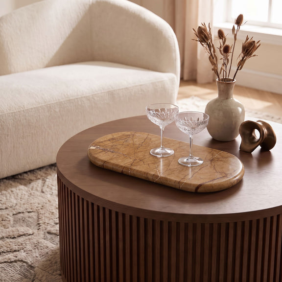 Genuine marble tray, round beige with light brown veining and natural speckles