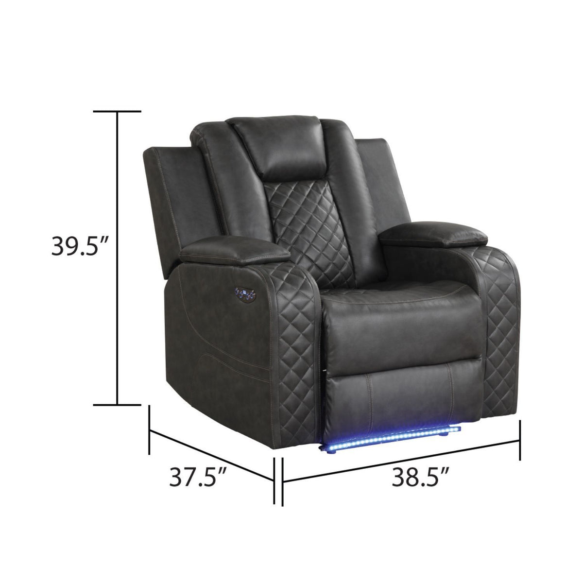 Black power recliner chair shown with dimensions; adjustable headrest and LED base strip.