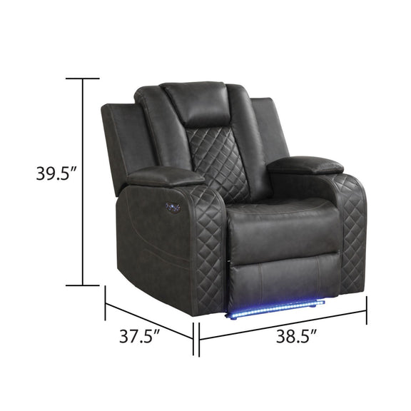 Black power recliner chair shown with dimensions; adjustable headrest and LED base strip.