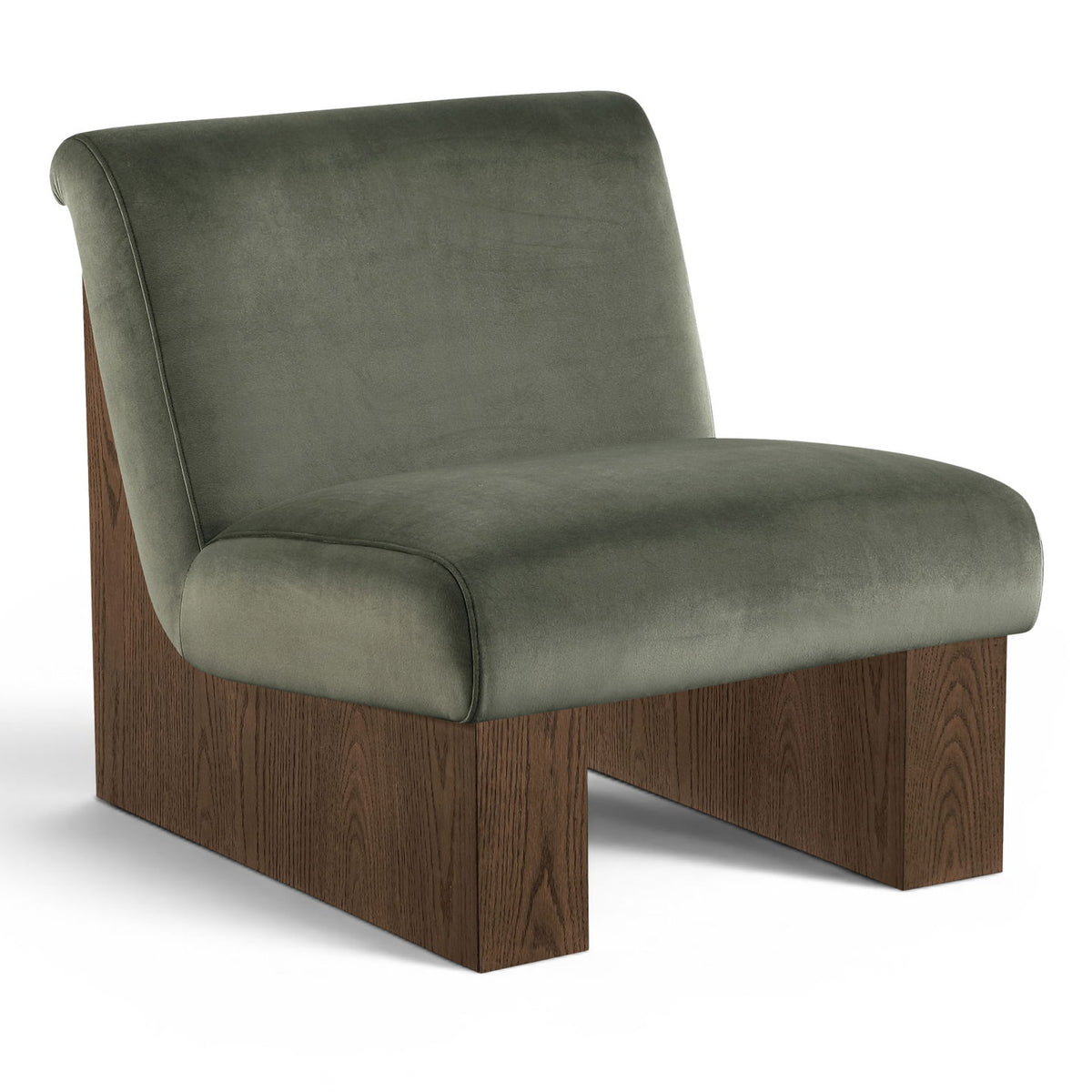 Velvet accent chair with dark green fabric and walnut-toned wood legs, cushioned arms.
