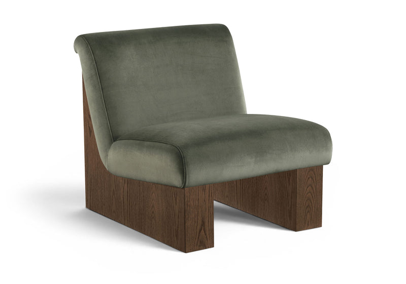 Velvet accent chair with dark green fabric and walnut-toned wood legs, cushioned arms.