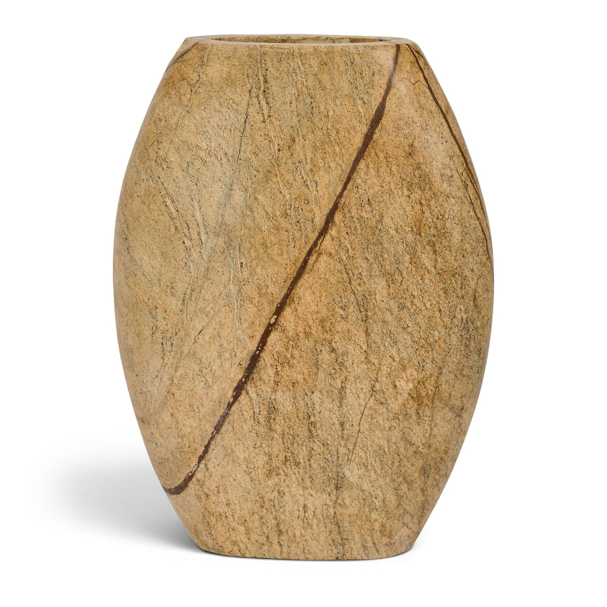 Tan marble vase with long dark vein line and dark opening, faceted rounded shape.