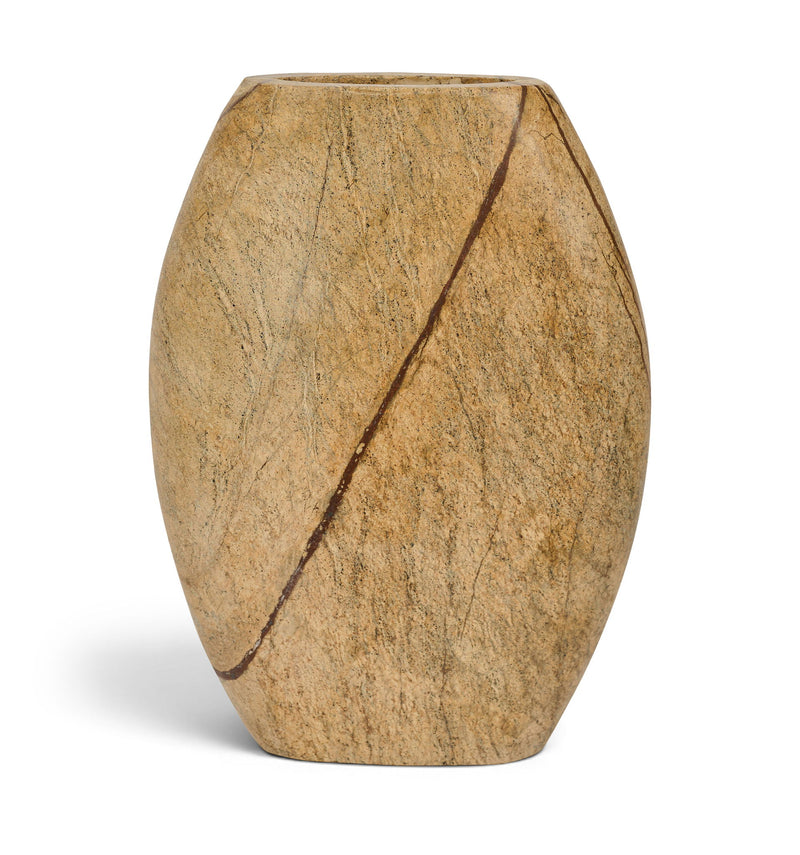 Tan marble vase with long dark vein line and dark opening, faceted rounded shape.