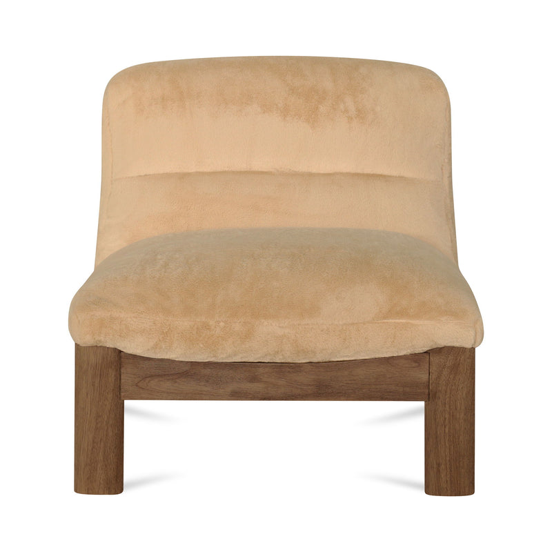 Brown faux fur accent chair with rounded back and padded seat, dark wooden legs