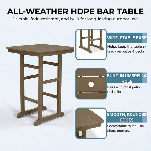 Light brown bar table with slatted square top, lower shelf, and bar-base supports