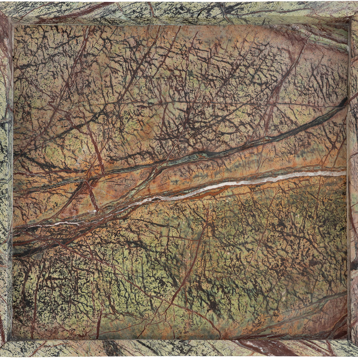 Green and brown marbled rectangular marble tray with raised rim