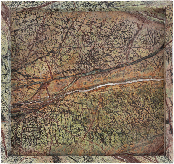Green and brown marbled rectangular marble tray with raised rim