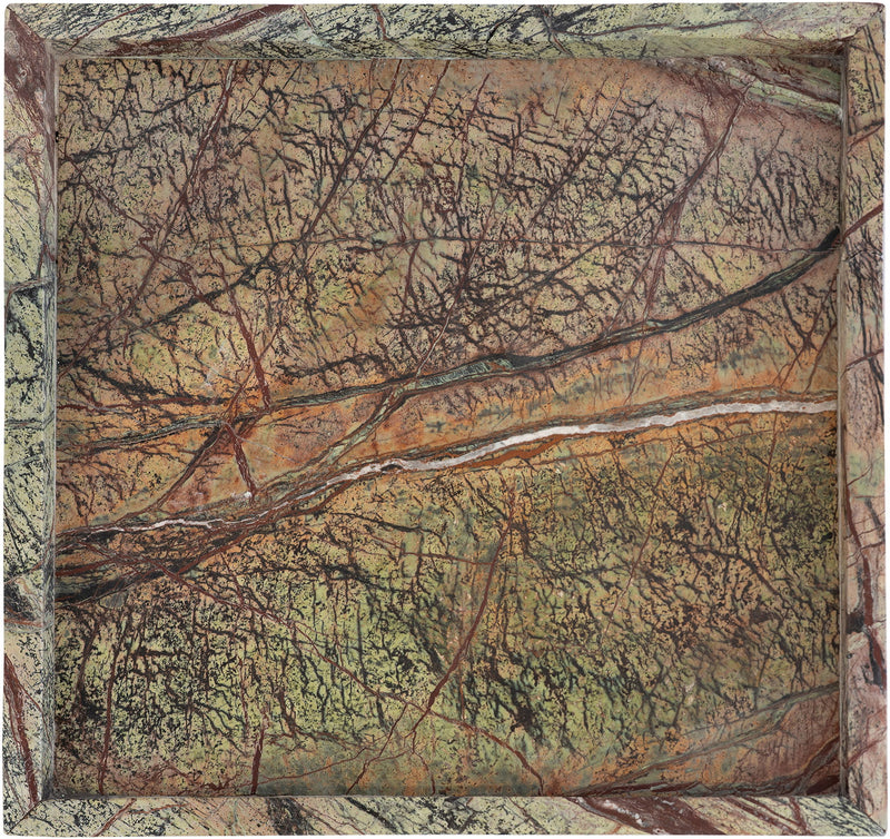 Green and brown marbled rectangular marble tray with raised rim