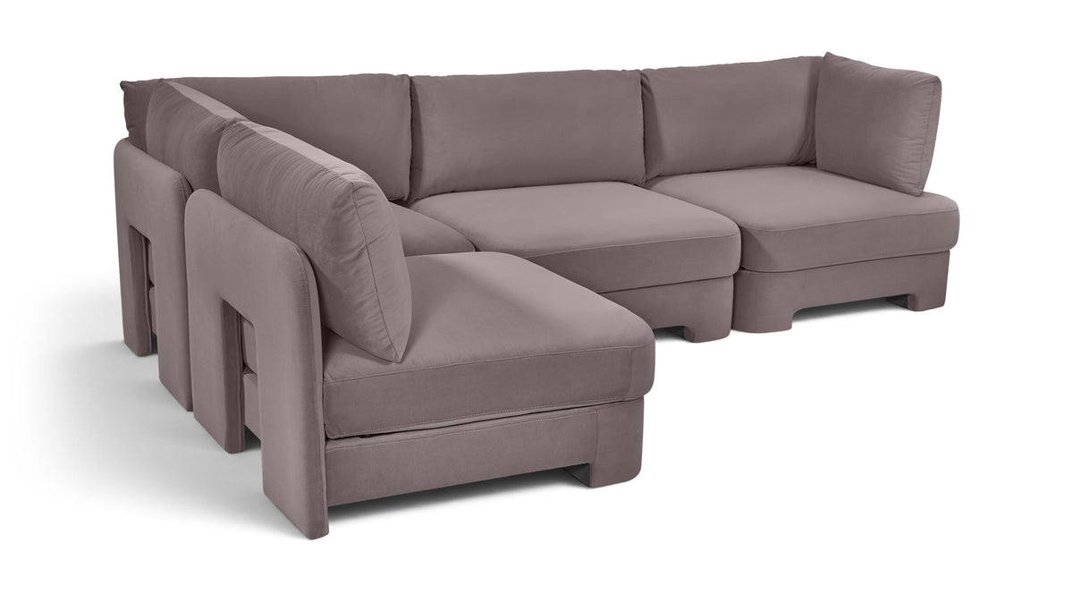 Armless velvet performance fabric sectional, medium gray 4-piece corner setup with plush cushions.
