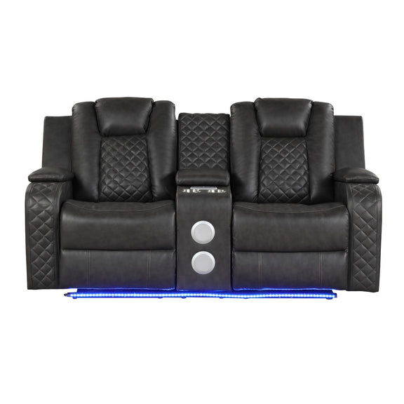 Dark gray power reclining loveseat with quilted backrests and blue LED light strip