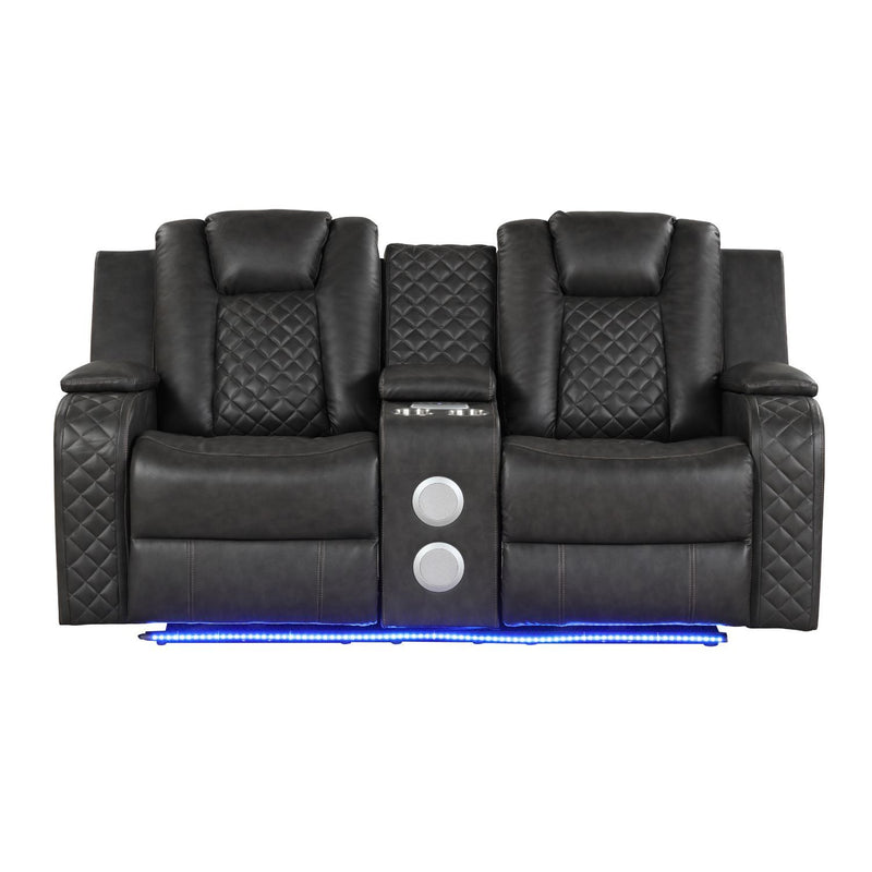 Dark gray power reclining loveseat with quilted backrests and blue LED light strip