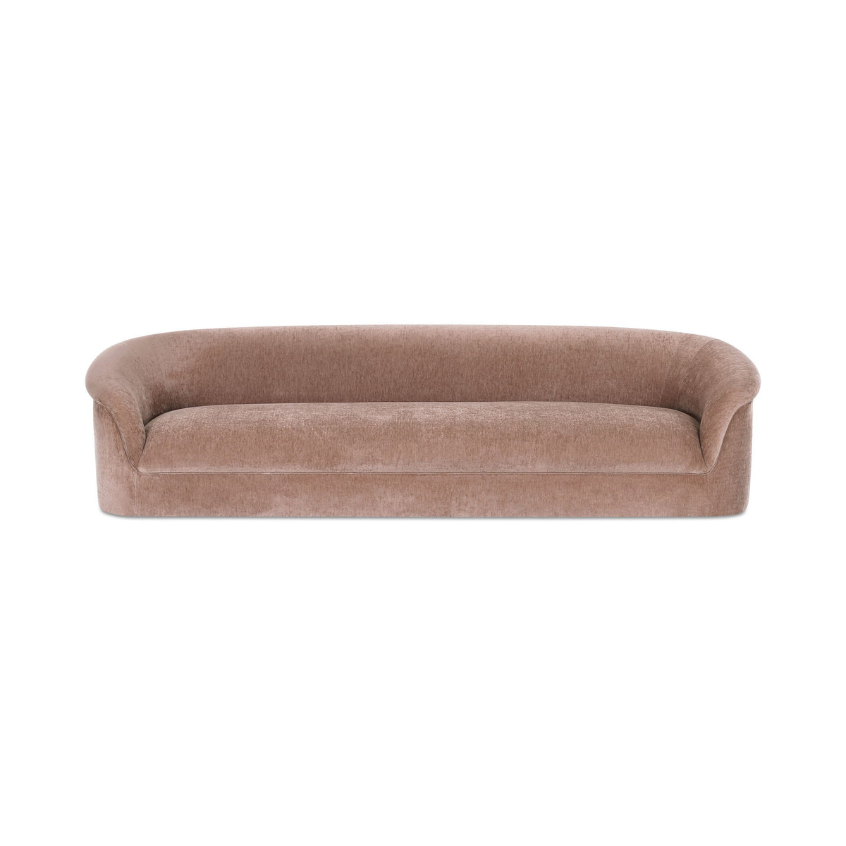 Blush pink upholstered sofa with rounded arms and back, smooth cushioned seat.