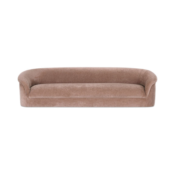 Blush pink upholstered sofa with rounded arms and back, smooth cushioned seat.