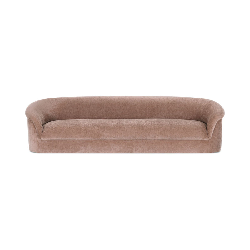Blush pink upholstered sofa with rounded arms and back, smooth cushioned seat.