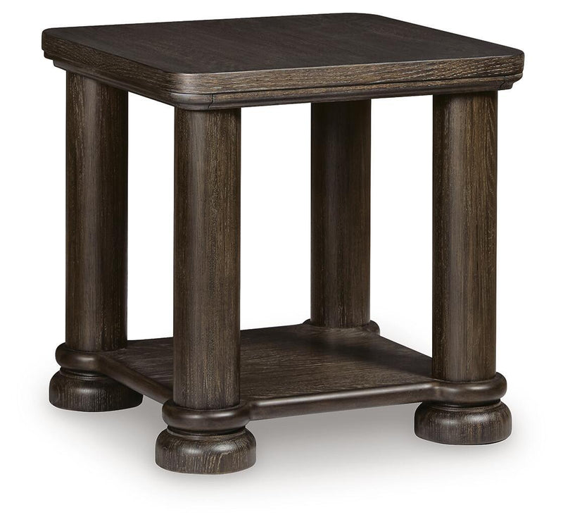 Dark brown rectangular table with open lower shelf and pedestal-style legs