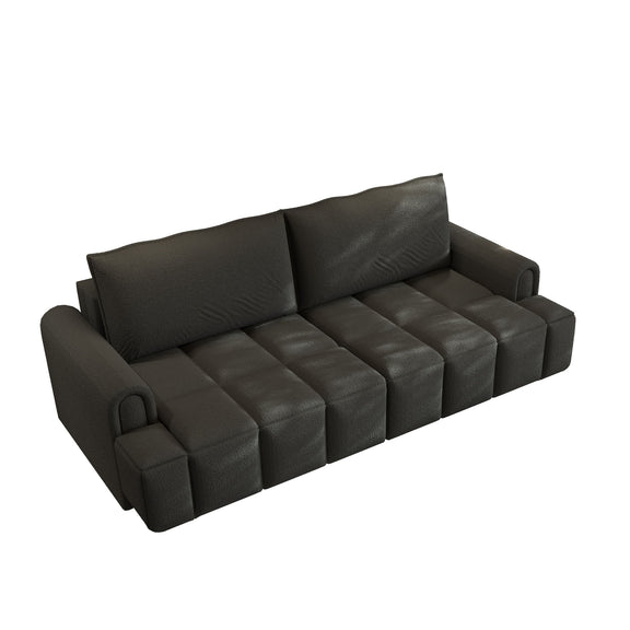Black four-seat couch with two back cushions, broad arms, and segmented seat cushions.