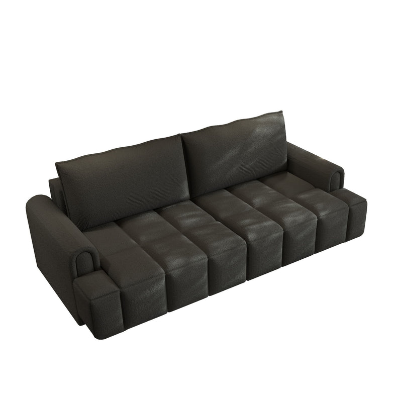 Black four-seat couch with two back cushions, broad arms, and segmented seat cushions.