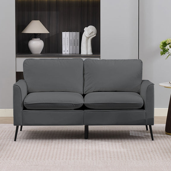 Dark gray 2-seat upholstered loveseat with padded back and seat cushions, black legs
