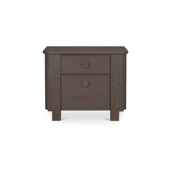 Dark brown nightstand with two drawers and rounded top corners