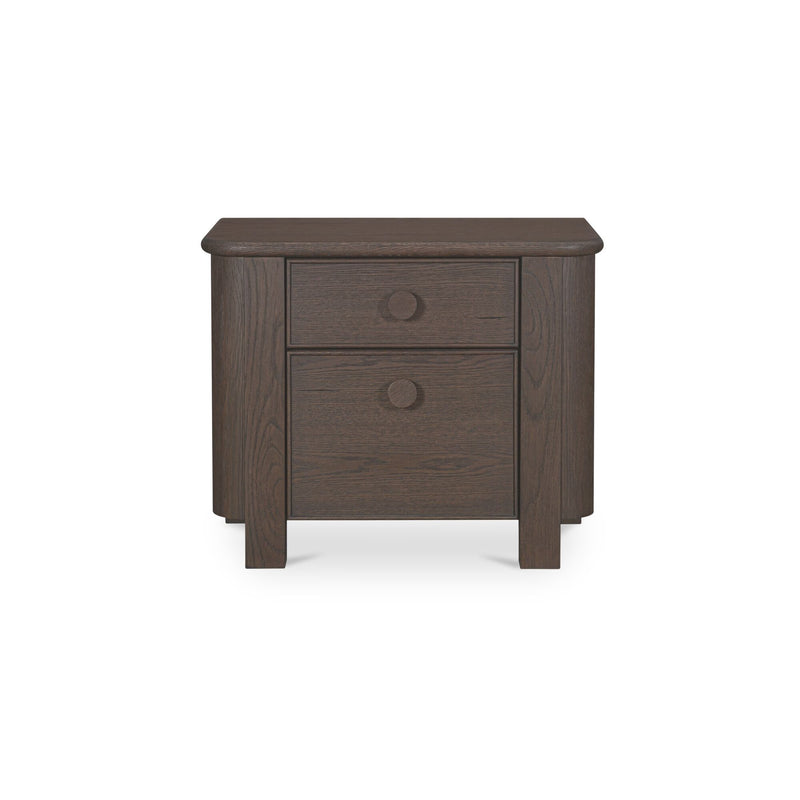 Dark brown nightstand with two drawers and rounded top corners