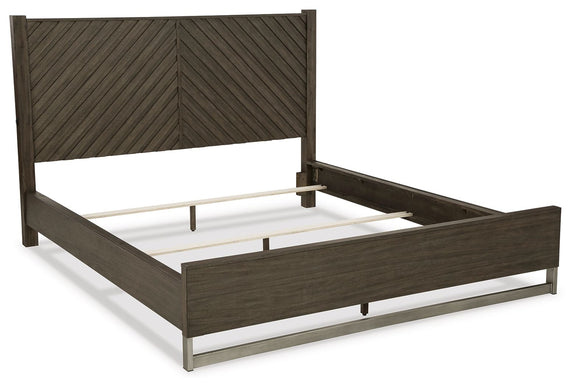 King panel bed frame in grayish brown wood with slatted headboard