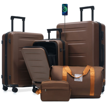 Dark brown hardside 5-piece luggage set with front-opening compartments and matching bags