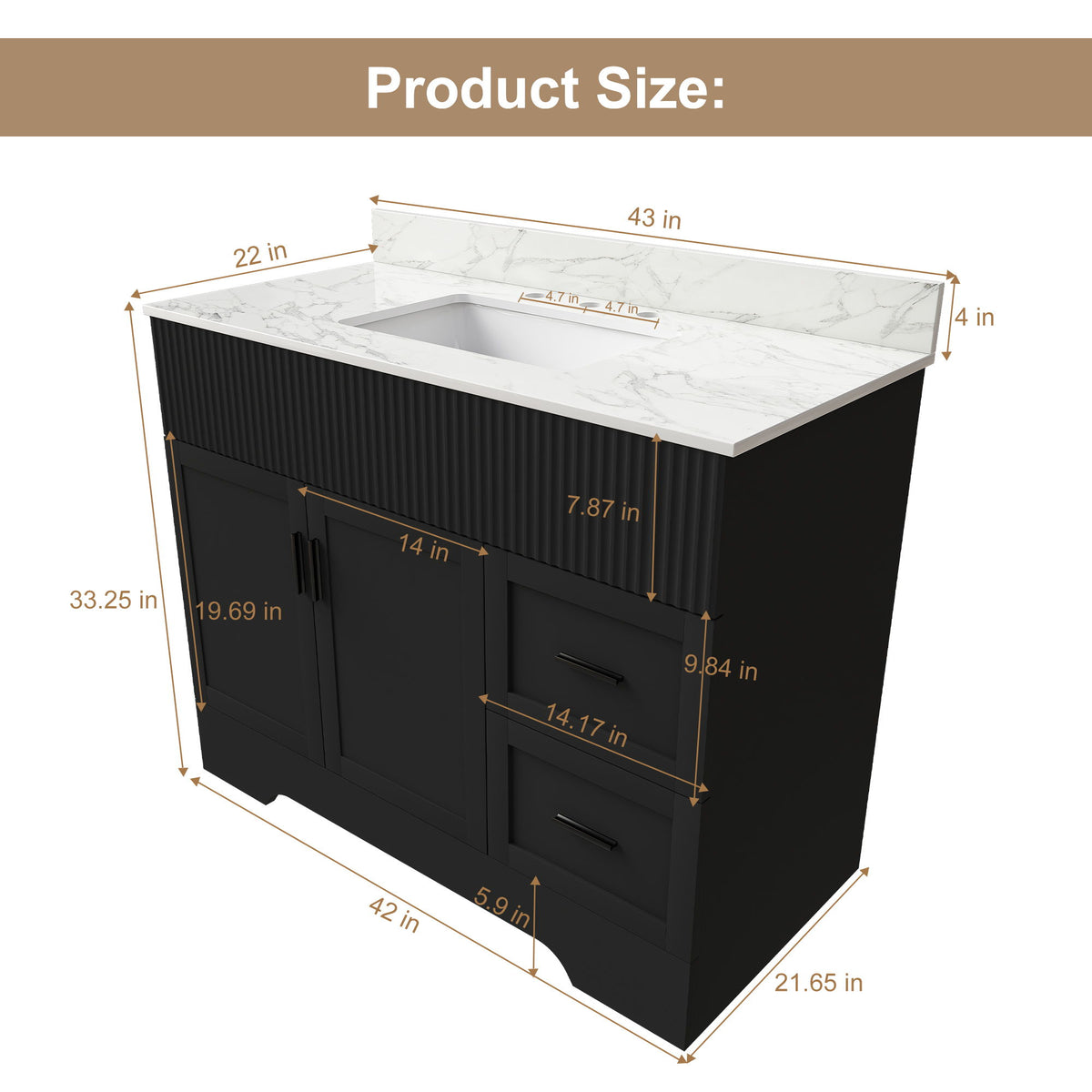 Black bathroom vanity set with white marble top and sink, 43in wide (other dimensions shown)