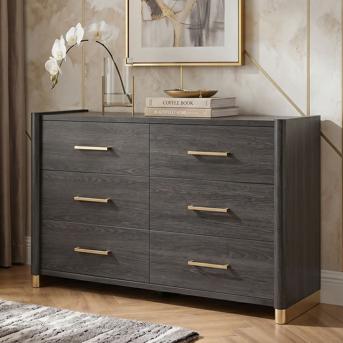 Espresso 6-drawer dresser with gold bar handles and dark wood grain sides