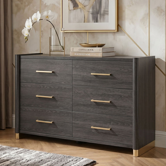Espresso 6-drawer dresser with gold bar handles and dark wood grain sides