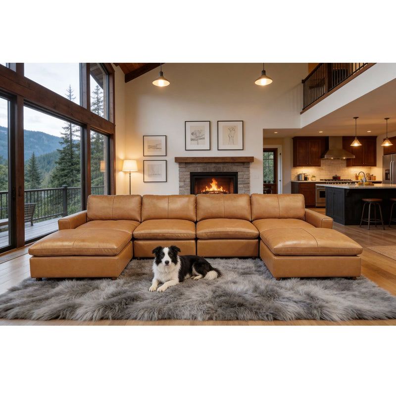 Upholstered modular sectional sofa in light brown with chaise and ottoman