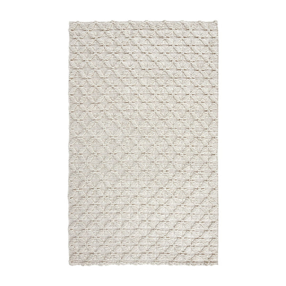 Ivory 2 ft x 3 ft rug featuring an allover geometric trellis design and fringed border.
