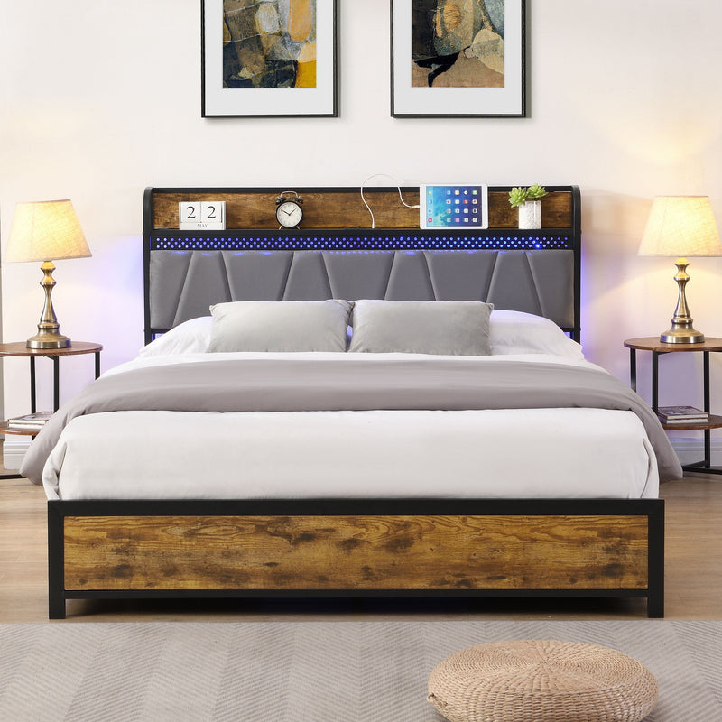 Upholstered bed with blue LED strip on headboard, gray headboard, wooden frame, black slats