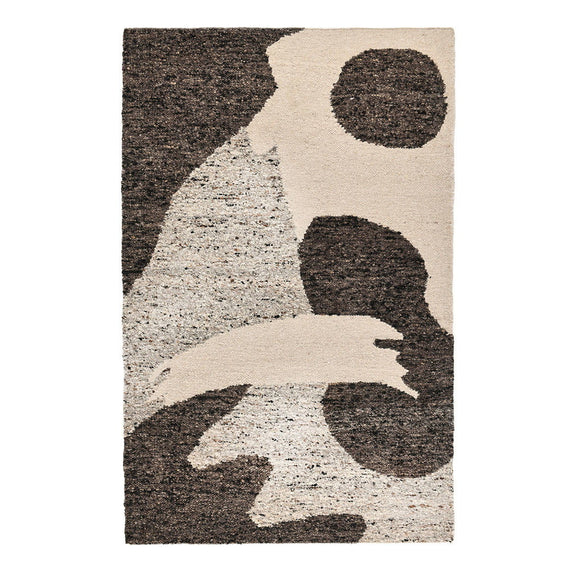 Abstract area rug: cream background with dark brown circles, wedges, and curved accents.