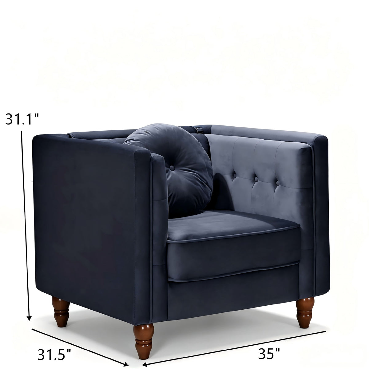 Navy tufted accent side chair with square arms and deep padded seat
