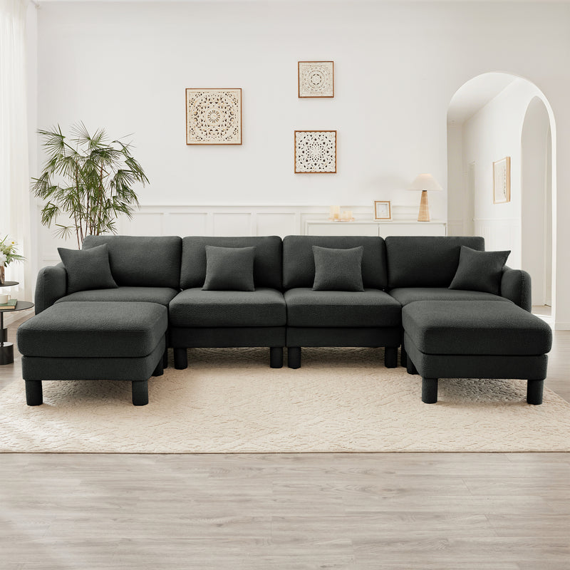 4-Seater U-Shaped Boucle Sectional Sofa - Dark Gray Boucle