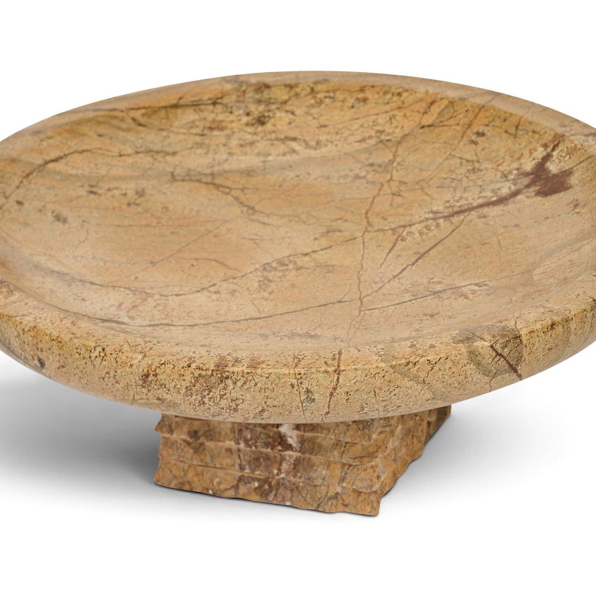 Light brown marble bowl with veined round dish and rugged pedestal base