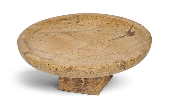 Light brown marble bowl with veined round dish and rugged pedestal base