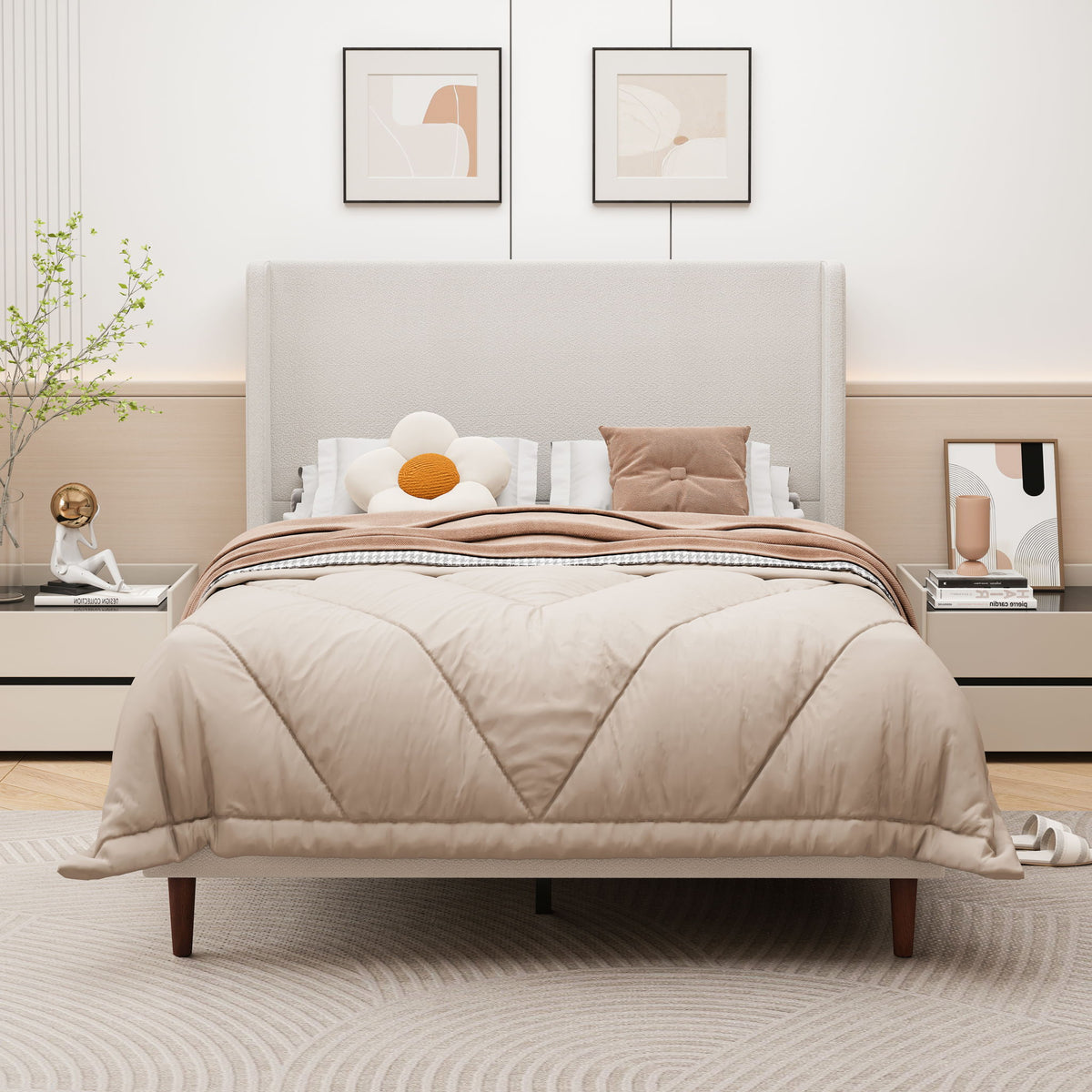 Upholstered bed with tall beige headboard and quilted beige comforter