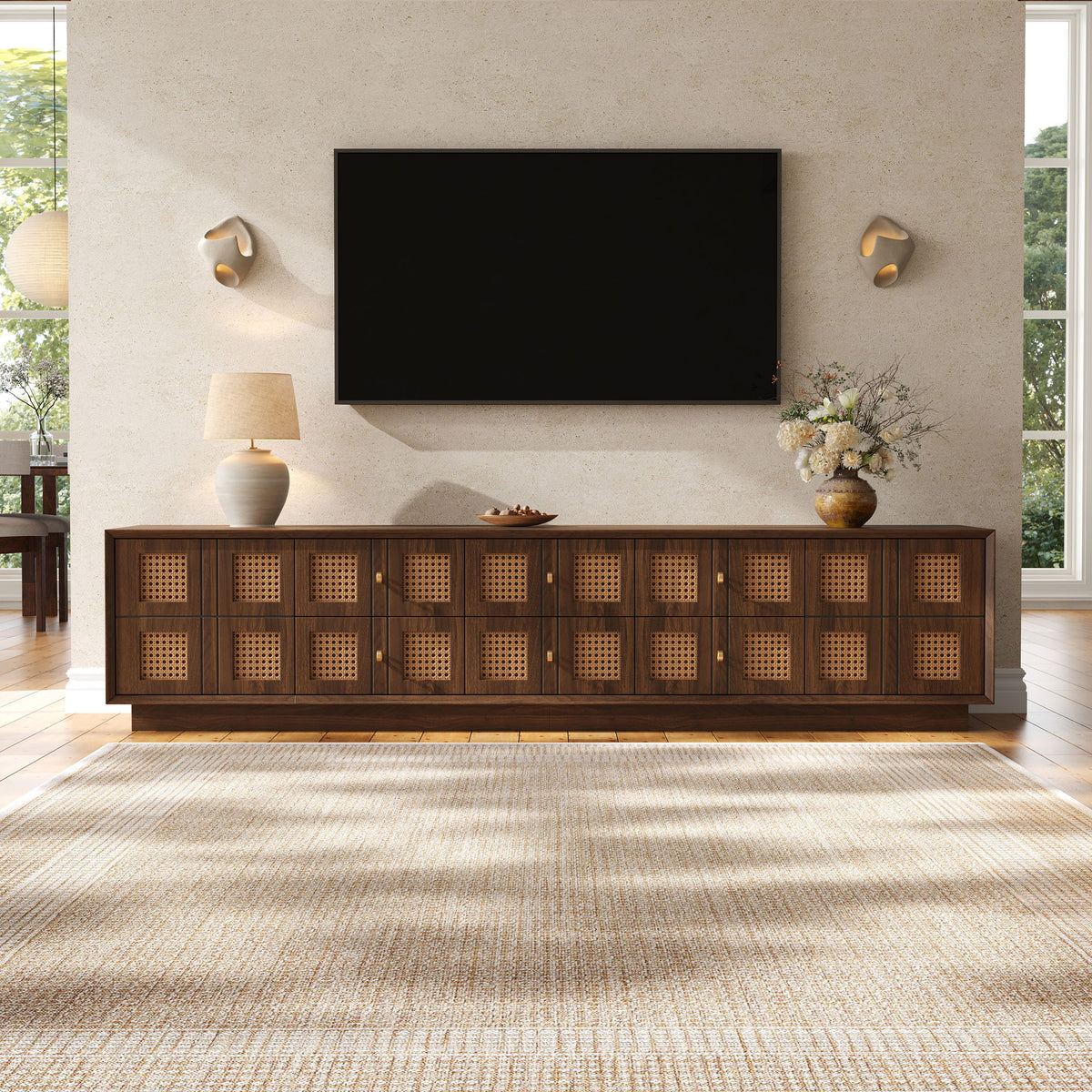 Walnut media console TV stand with 6 drawers and 2 cabinets, perforated door details