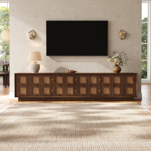 Walnut media console TV stand with 6 drawers and 2 cabinets, perforated door details