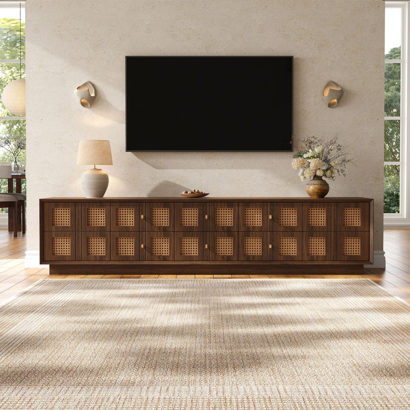 Walnut media console TV stand with 6 drawers and 2 cabinets, perforated door details
