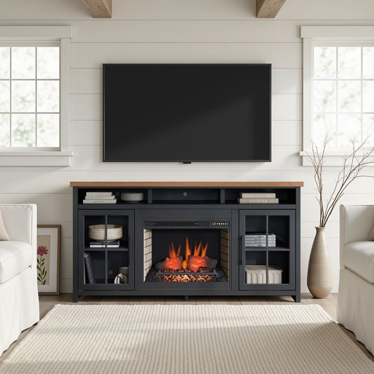 Fireplace TV Stand Console For TVs Up To 85" - Black / Whiskey
