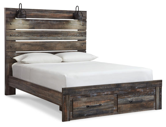 Dark wood panel bed with slatted headboard, white pillows, and two front drawers