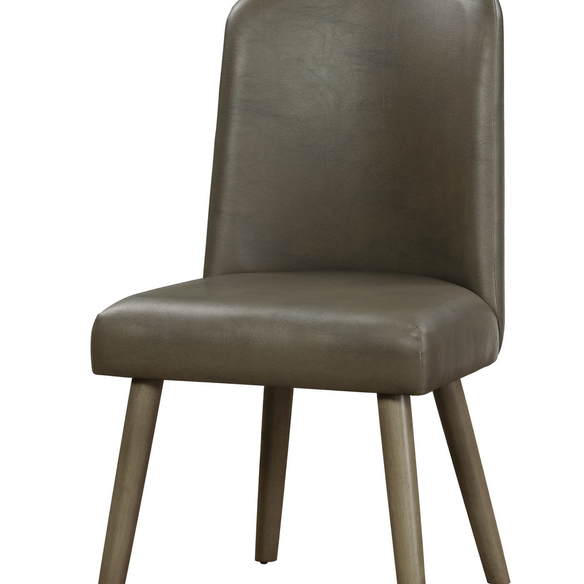Gray synthetic leather side chair with padded seat and rounded back, wooden legs