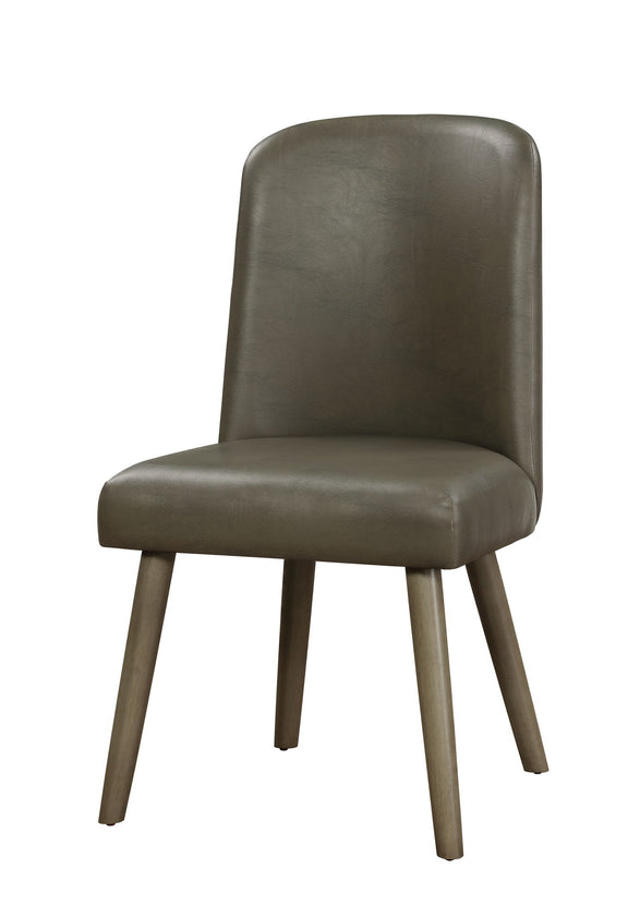 Gray synthetic leather side chair with padded seat and rounded back, wooden legs